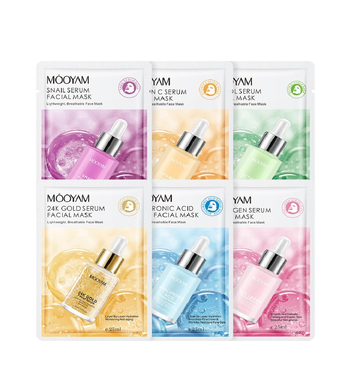 Facial Sheet Mask Set, 6 Varieties with Serum, 25ml Each,super korean glassy skin